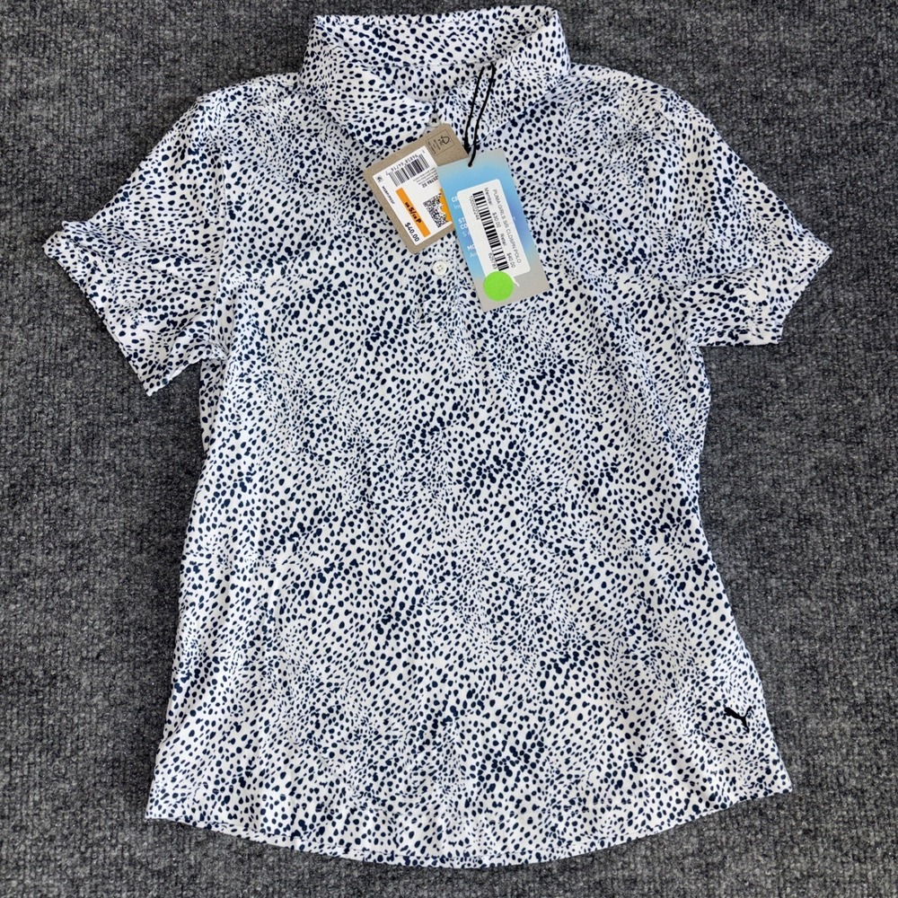 Puma Girls Microdot SS Polo Shirt White Navy Blue Youth Small 625786 02 NWT